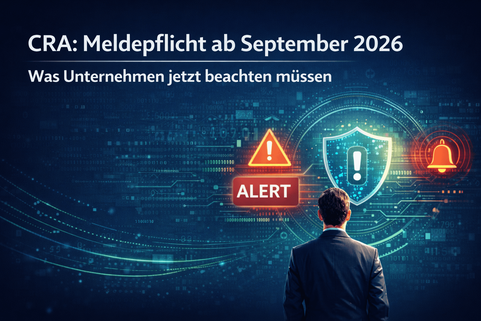 Das Bild zeigt "CRA: Meldepflicht ab September 2026" weiße Schrift auf dunklem Hintergrund